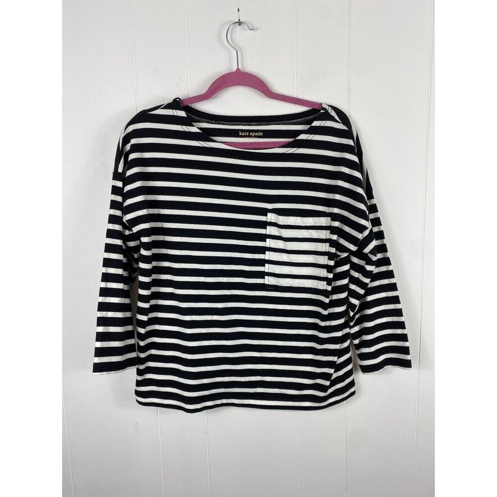 Kate Spade Black And white 3/4 sleeve striped top Size Medium Preppy Pocket